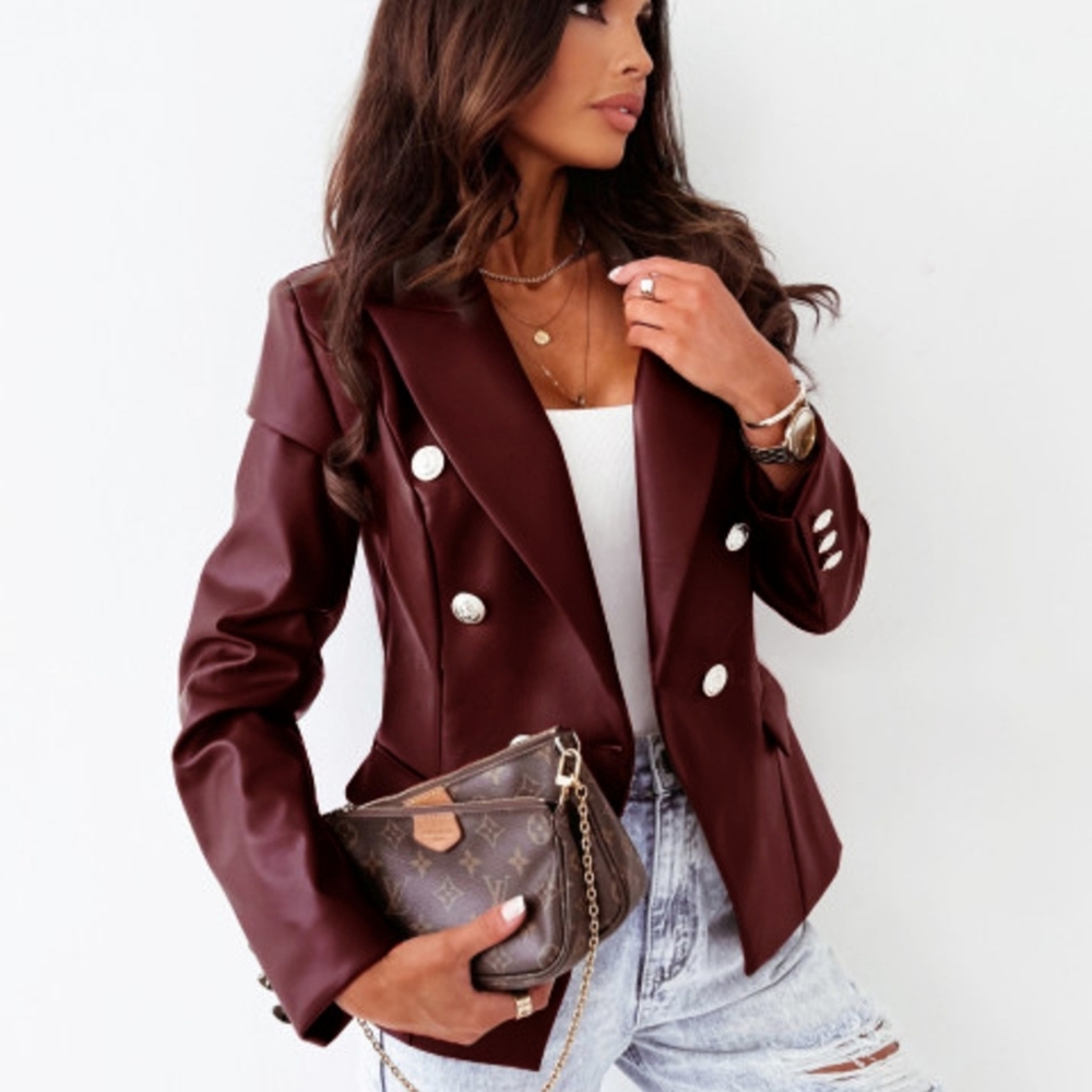Burgundy Double-Breasted Women's Faux Leather Blazer - Picture 6 of 7